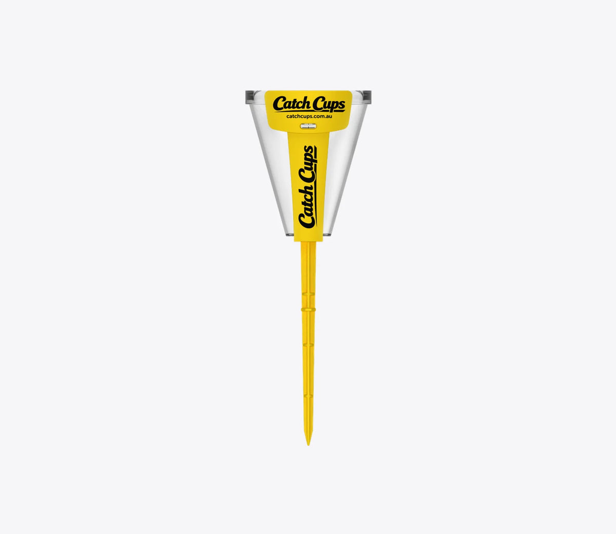 One Catch Cup with its yellow label and spike, marked in millimetres