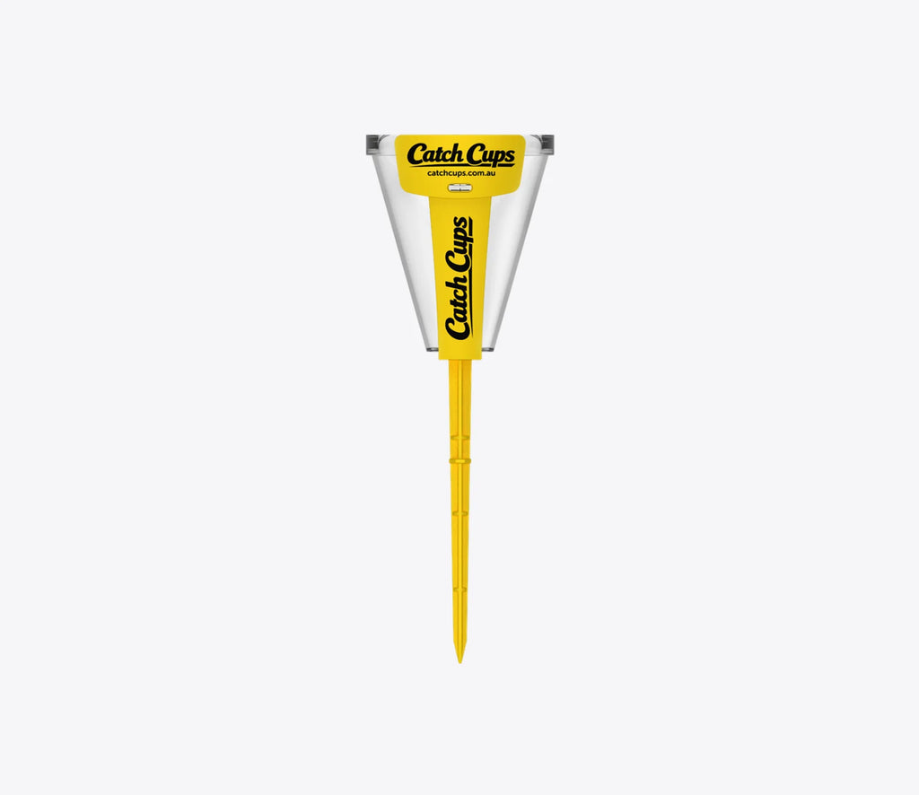 One Catch Cup with its yellow label and spike, marked in millimetres