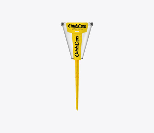 One Catch Cup with its yellow label and spike, marked in millimetres
