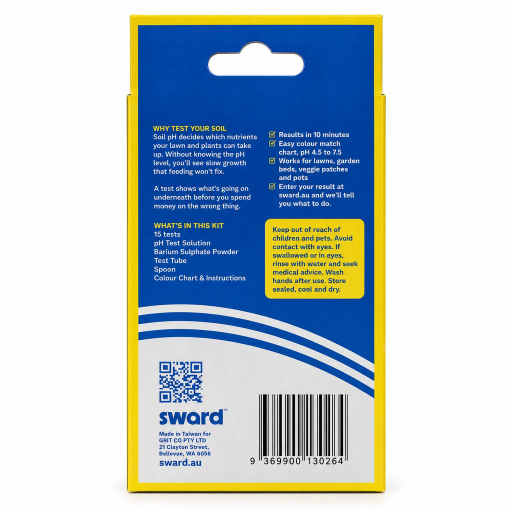 Sward Soil pH Test Kit box, back: why test your soil, what's in the kit, safety panel and barcode