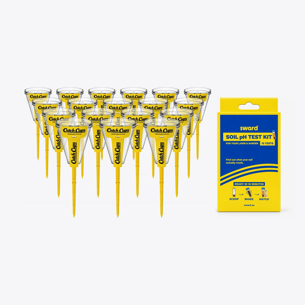 Water & Soil Kit: 18 Catch Cups beside the Sward Soil pH Test Kit box on a light grey studio background